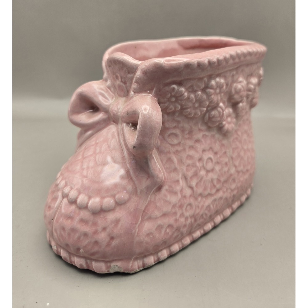 Pink Floral Vintage Baby Bootie Vase, Thick Ceramic For Silk Flowers. B#36